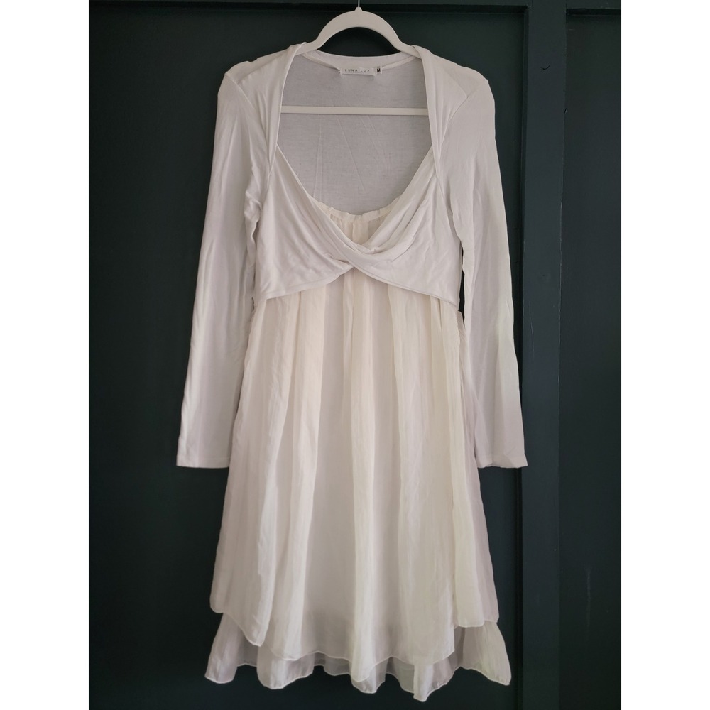 Luna Luz White Silk Boho Long Sleeve Twist Front Dress Medium Mixed Media Relaxe
